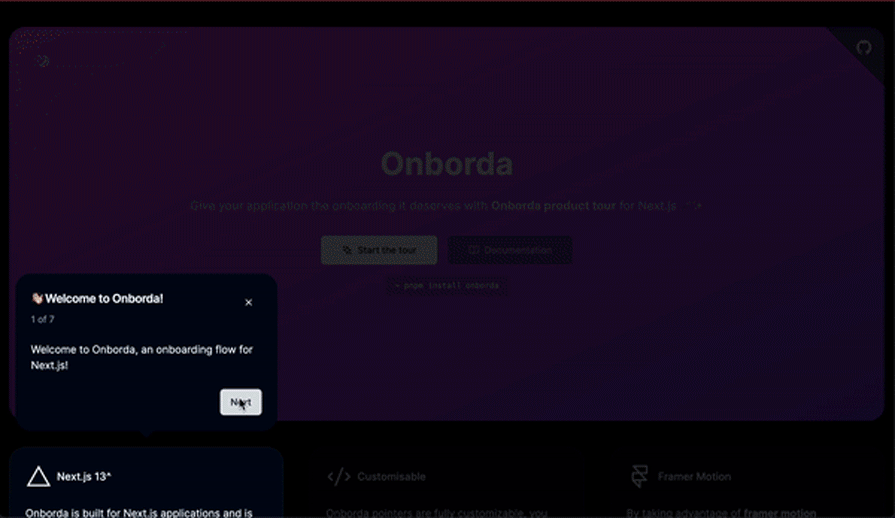 User Shown Clicking Through Demo Product Tour For Onborda Library