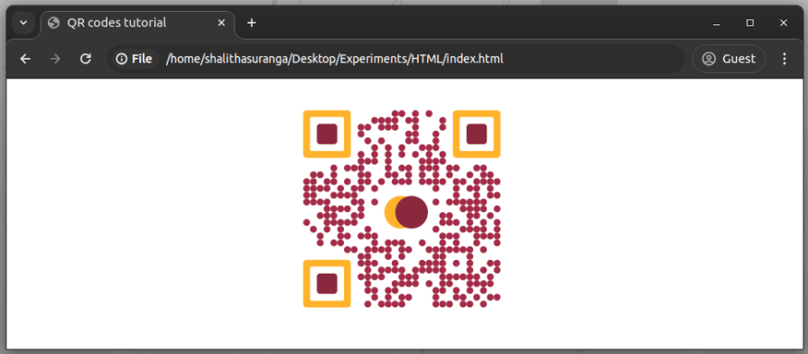 A QR code that renders a custom SVG graphic in the middle of two circles with one on the left being overlapped by one on the right. The circle on the left is yellowish while the circle on the right is red.