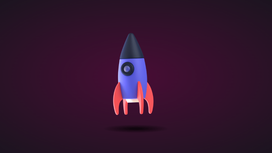 3d rocket with purple body, black front, and red on the bottom casting a shadow on the purple floor.