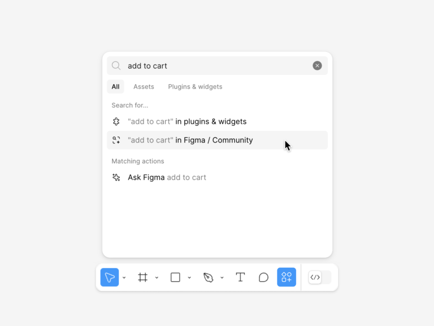 Searching using the actions menu Figma