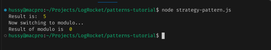 An output showing strategyManager first using DivisionStrategy to divide two numbers and then switching to ModuloStrategy to return the modulo of those inputs.