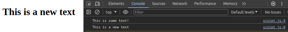 Webpage and console output showing ‘This is some text!’ and ‘This is a new text’ after using textContent method.