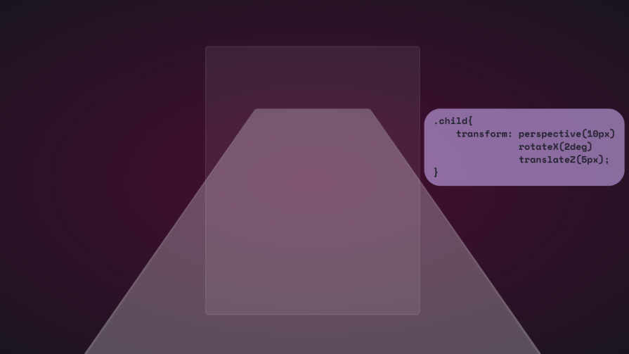 Geometric shapes in various purple colors showing 3d in CSS along the z-axis.