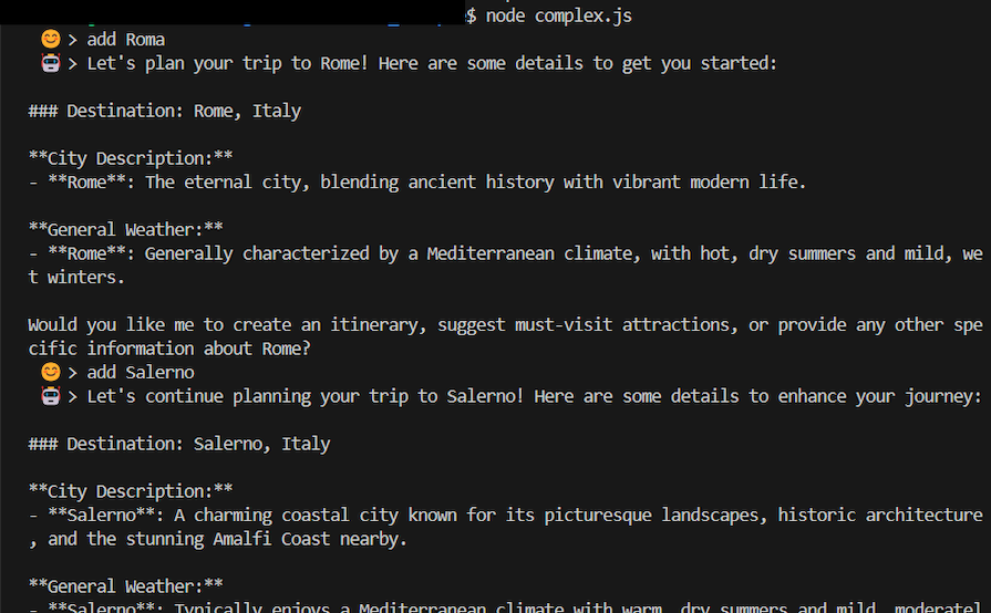 Image Demonstrating A Human's Chat Conversation With An AI Assistant In Which They Ask To Plan A Trip To Rome, Italy and Salerno, Italy And The AI Assistant Provides Descriptions And Weather Information About The Locations