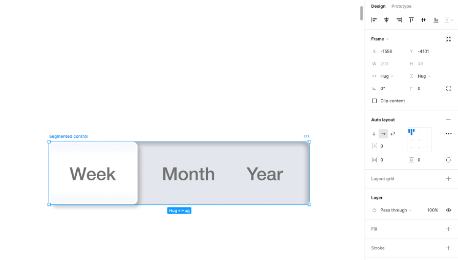 Finished neumorphic segmented control in Figma