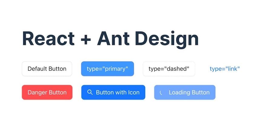 Ant Design Button Component Variants Including Default, Primary, Dashed, Link, Danger, With Icon, And Loading