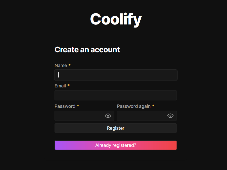 Coolify registration page with fields for name, email, password, and a button to register or log in if already registered.