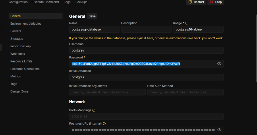 Coolify interface displaying the PostgreSQL database configuration settings, including fields for database name, username, password, and network configurations.