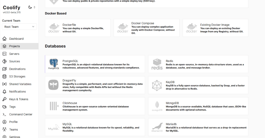 Coolify Projects page displaying various database options such as PostgreSQL, Redis, DragonFly, KeyDB, Clickhouse, MongoDB, MySQL, and MariaDB.