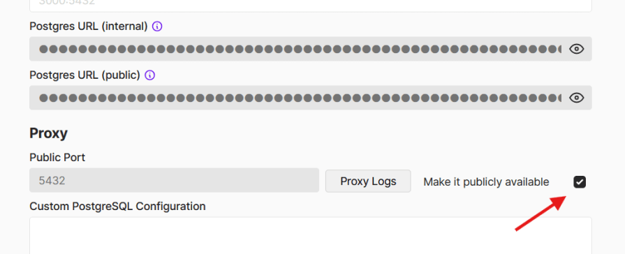 CoolifyDB interface showing the option to make the PostgreSQL URL publicly available with a checkbox and a public port set to 5432.