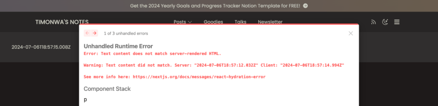 A hydration error is shown due to the date mismatch on the client and server.