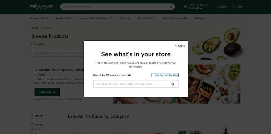 Whole Foods Online Store Page Showing Popup Interrupting User While Shopping