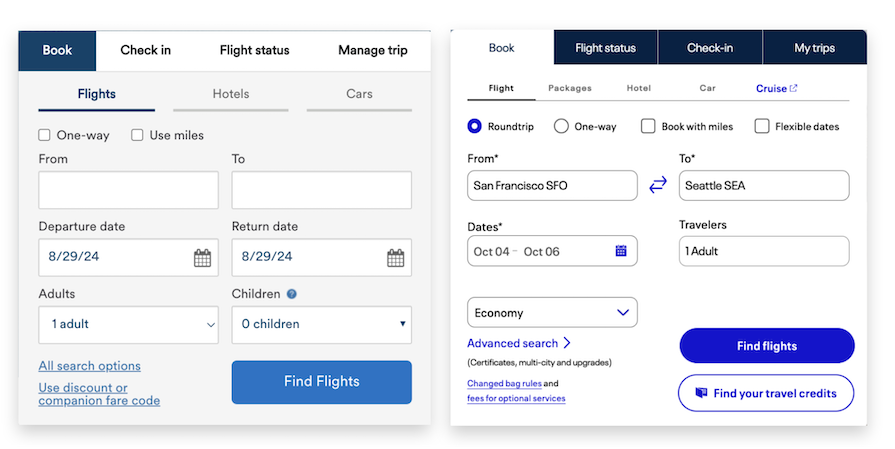 Design Homogenization Example Showing How Alaska Airlines Interface Resembles United Airlines Interface