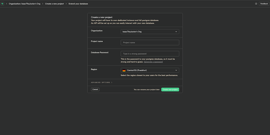 Entering New Project Details And Setting Database Password During Setup Process