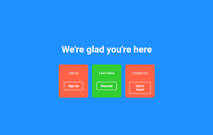 Example Of Triadic Color Scheme Applied To Website With Bright Blue Background And Orange And Green Cards With Buttons And Text Prompting User To Sign Up, Discover, And Get In Touch