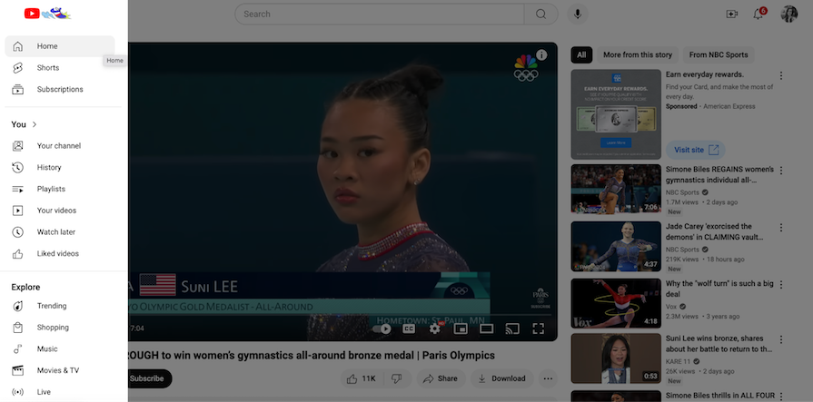 Youtube Navigation Menu Open Over Video Of United States Gymnast Suni Lee At Paris Olympics