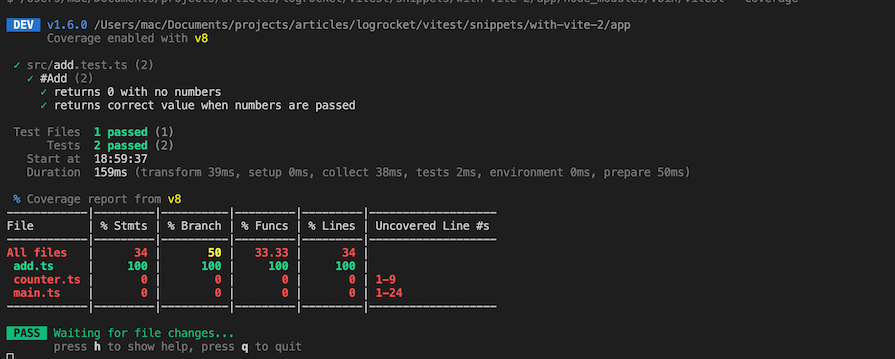 Vitest Coverage Report Displayed On Terminal