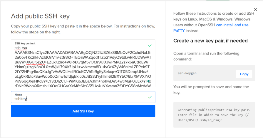 Screenshot of the "Add public SSH key" interface. The image shows a form where a user can paste their public SSH key into a text area and name it "sshkey." There is a blue button labeled "Add SSH Key" below the form. On the right side, there are instructions for generating a new key pair using the `ssh-keygen` command, with a copy button next to the command.