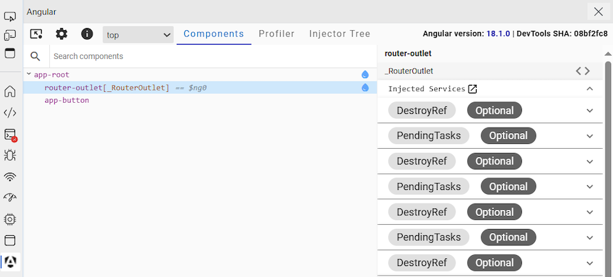 Angular DevTools Showing That The App-Button Component Didn't Hydrate Because There Is No Blue Waterdrop Next To It In Angular DevTools Console