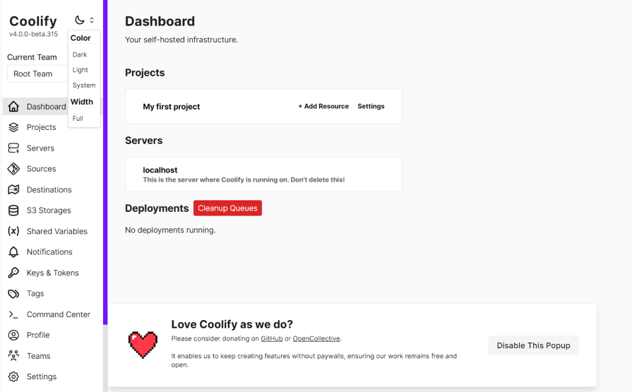 Screenshot of the Coolify dashboard showing an overview of the self-hosted infrastructure, including one project and one server. The dashboard also includes options for settings, resource addition, and deployment management.