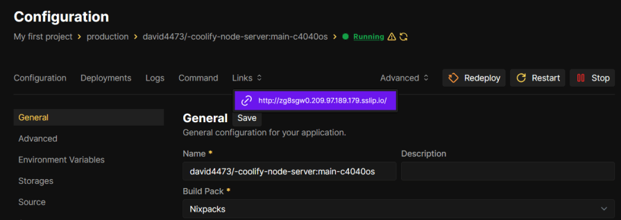 Screenshot of the configuration page for a Coolify Node.js server. The page shows the server is running, with options to redeploy, restart, or stop the server. The server's URL is displayed in a purple box.