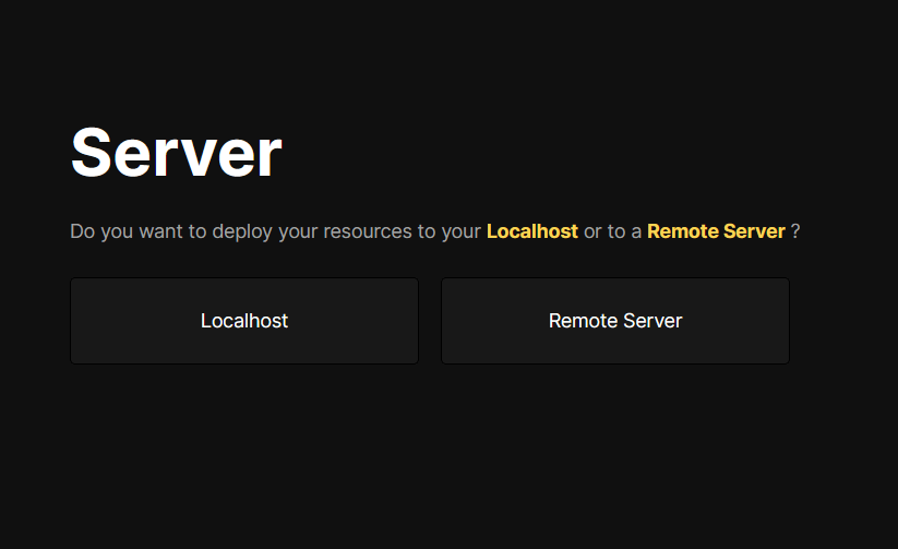 Screenshot of the server deployment options in Coolify, asking whether to deploy resources to Localhost or a Remote Server.