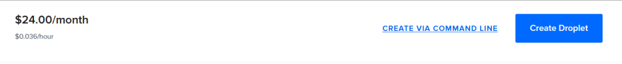 Screenshot showing the pricing for a droplet on a cloud platform. The price is $24.00 per month or $0.036 per hour. There are two buttons: one labeled "CREATE VIA COMMAND LINE" and another labeled "Create Droplet."