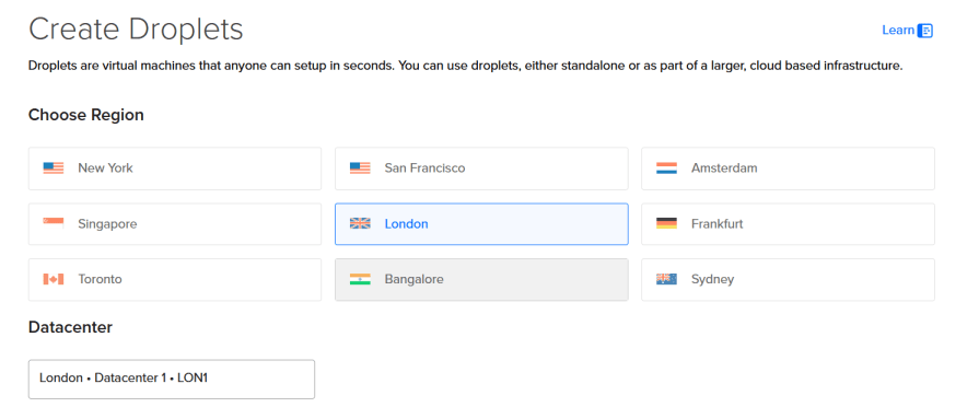 Create Droplets page showing region selection options, including New York, San Francisco, London, Singapore, and others, with London selected.