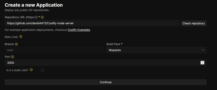 A screenshot of a form used to create a new application from a public Git repository. The form includes fields for entering the Repository URL, Rate Limit, Branch, Port, and selecting a Build Pack. The URL provided points to a GitHub repository for a Coolify Node server. The Branch is set to "main," the Port is set to "3000," and the selected Build Pack is "Nixpacks." There is a "Continue" button at the bottom of the form.