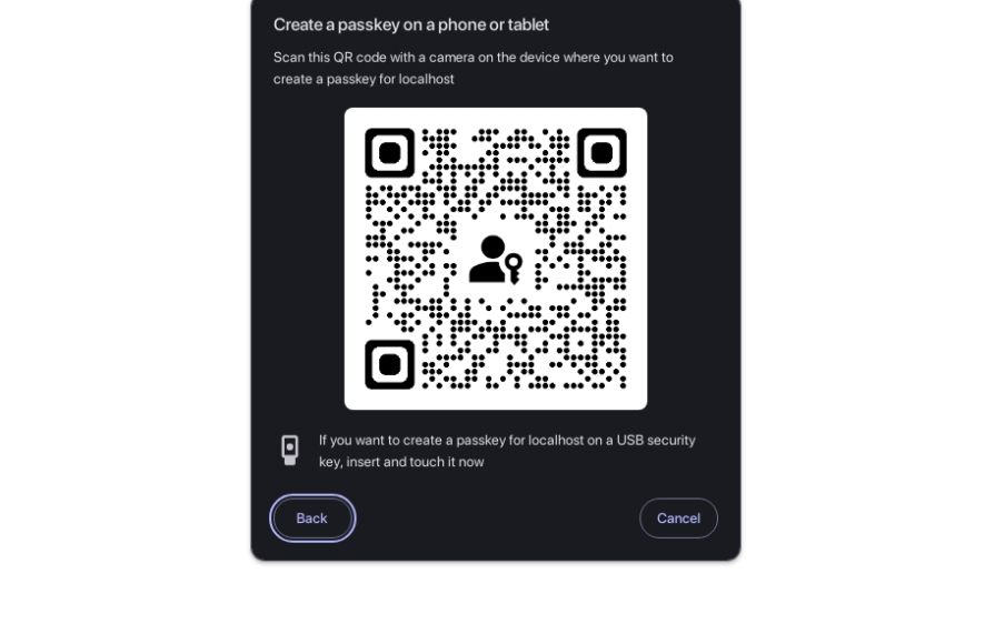 Screenshot of a WebAuthn interface prompting the user to create a passkey on a phone or tablet by scanning a displayed QR code. The interface also provides an option to create a passkey using a USB security key by inserting and touching it. There are ‘Back’ and ‘Cancel’ buttons at the bottom of the screen.