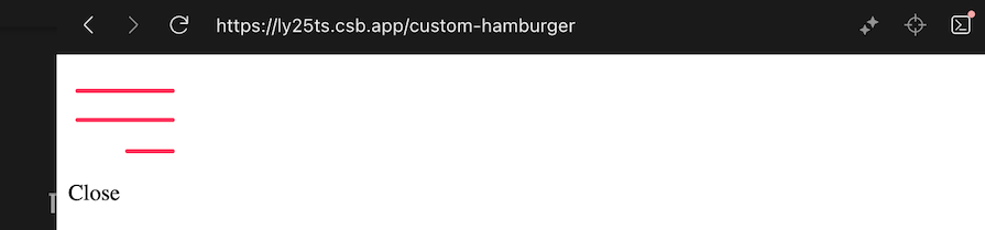 Screenshot of a custom animated hamburger menu icon with red bars, displaying a "Close" label beside the icon in an open state.