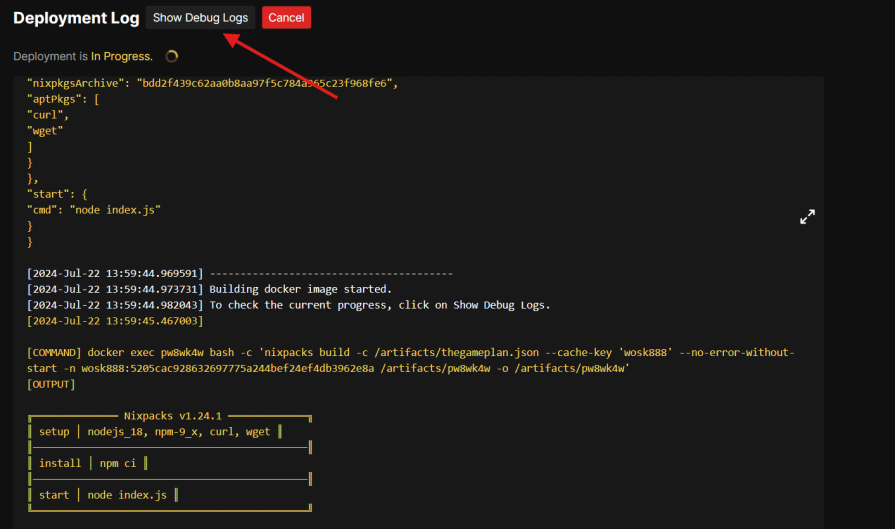 Deployment log screen showing the progress of a Docker image build. The log includes details about the Nixpacks version used, the setup commands, and the installation of npm packages. A red arrow points to the "Show Debug Logs" button, indicating where users can click to view additional logs.