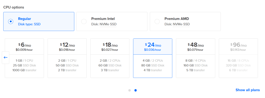 Screenshot of DigitalOcean CPU options showing pricing for different droplet configurations. The selected option is "Regular" with a disk type of SSD, featuring various plans ranging from $6/mo to $96/mo.