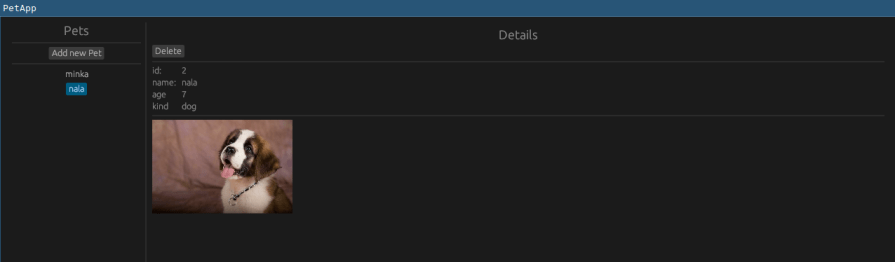 Screenshot of the PetApp GUI with the pet “nala” selected, displaying detailed information and an image. The interface shows the pet’s details, including ID, name, age, and kind (dog), along with a random image of a dog on the right side. This image demonstrates the dynamic functionality of the PetApp, where selecting a different pet updates the details and image displayed in the application using egui.