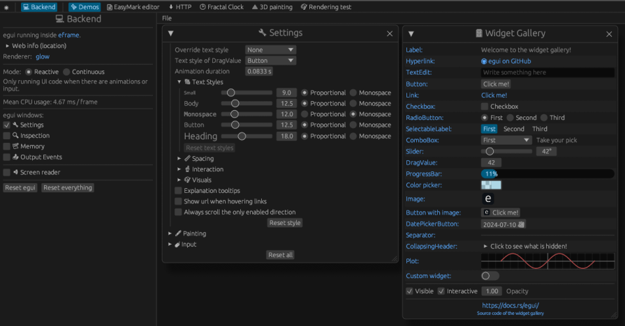 Screenshot displaying the settings and widget gallery in an egui-based GUI application. The image shows various customization options such as text styles, spacing, interaction settings, and widget components like buttons, sliders, and progress bars. This visual highlights egui’s flexibility and ease of use in building cross-platform GUI applications in Rust, showcasing both the backend and frontend features of the framework.