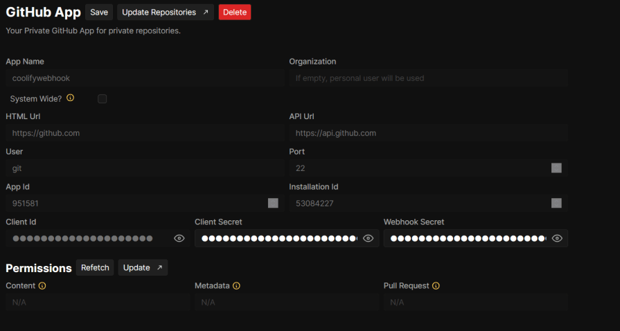 GitHub App settings screen for configuring a private GitHub App for repositories. The screen includes fields for App Name, Organization, API URL, User, and several secret credentials such as Client ID, Client Secret, and Webhook Secret. Permissions settings and update options are also visible.