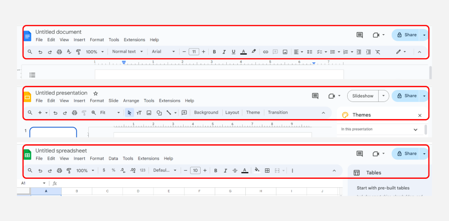 Google Docs, Sliders, and Sheets screenshots