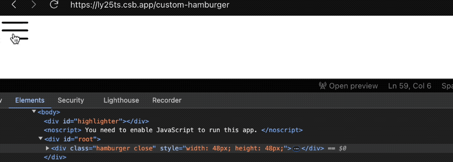 GIF showing the interaction with a custom hamburger menu icon in a browser, with the developer tools open to inspect the element, displaying the element's class and inline styles.