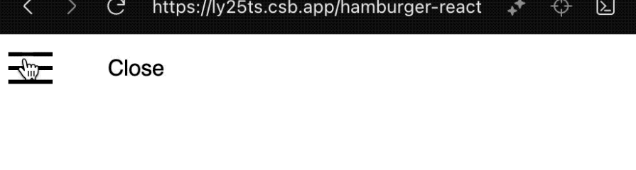 GIF showing a hamburger menu icon created using the hamburger-react library, with a hand cursor clicking to toggle between open and close states.