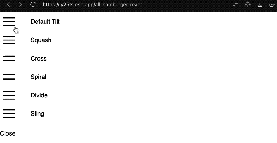 GIF demonstrating various styles of animated hamburger menu icons created using the hamburger-react library, including Default Tilt, Squash, Cross, Spiral, Divide, and Sling, with each style being toggled open and closed.