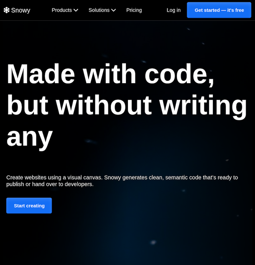 A Hero Section For A Fictional Website Builder With A Headline Reading `Made With code, But Without Writing Any`. There Are Three Lines Of Text But The Word `Any` Is Alone On Its Own Line