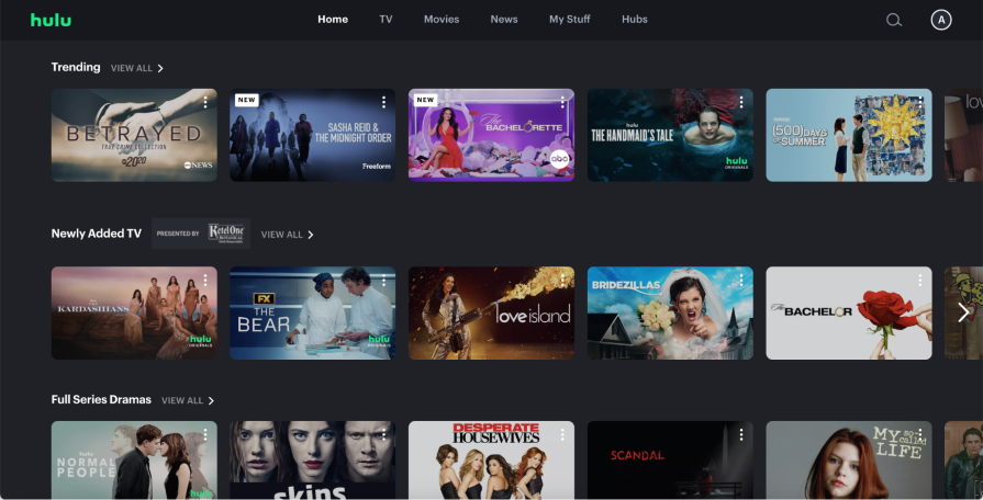 Hulu's main dashboard of shows