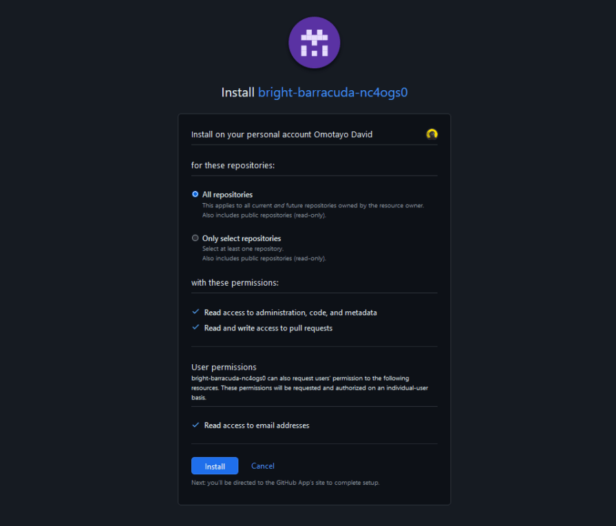 Installation screen for a GitHub app named "bright-barracuda-nc4ogs0" on the personal account of Omotayo David. The options include installing the app on all repositories or only selected repositories. Permissions include read access to administration, code, metadata, and email addresses, as well as read and write access to pull requests.