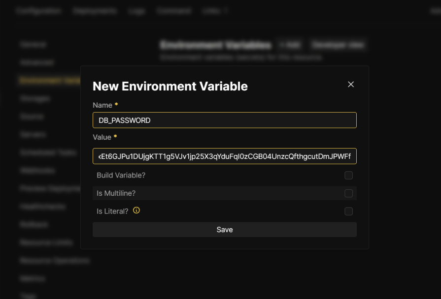 A screen showing the creation of a new environment variable. The variable name is "DB_PASSWORD" and the value is a long alphanumeric string. The options to mark the variable as a build variable, multiline, or literal are available but not selected.