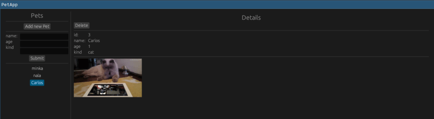Screenshot of the PetApp GUI showing a newly added pet “Carlos” selected from the list. The details panel on the right displays the pet’s information, including ID, name, age, and kind (cat), along with a random image of a cat. The form for adding a new pet on the left is now cleared. This image illustrates the successful addition and display of a new pet in the PetApp, demonstrating the application’s seamless integration of new entries using egui.