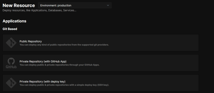 Screenshot of the "New Resource" page showing options to deploy resources like Applications, Databases, and Services. The "Applications" section lists three options: "Public Repository," "Private Repository (with GitHub App)," and "Private Repository (with deploy key)." Each option is for deploying public or private repositories from supported git providers.