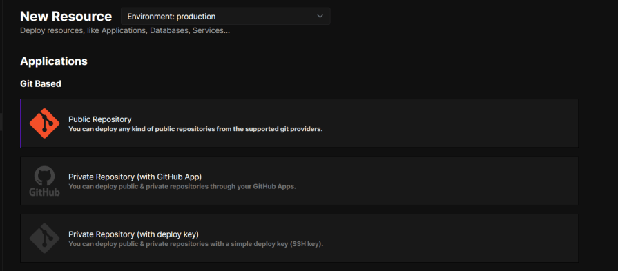 A screen showing the "New Resource" section in a web application, under the "Environment: production" setting. It displays three options for Git-based applications: Public Repository, Private Repository (with GitHub App), and Private Repository (with deploy key).