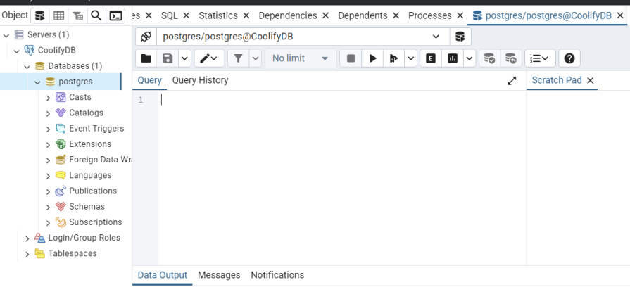 Screenshot showing the pgAdmin interface connected to a remote PostgreSQL database, highlighting the query tool and available database objects in the navigation pane.