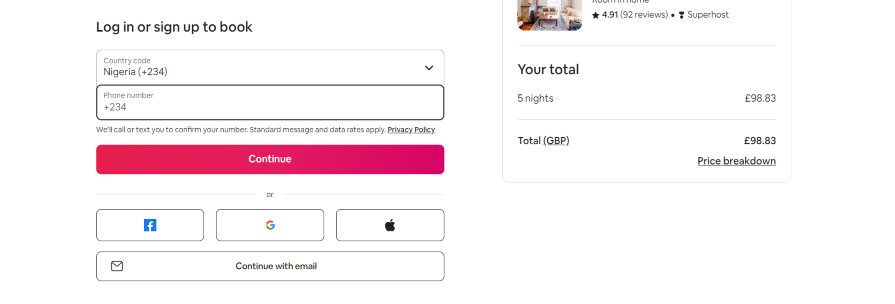 Phone number field on Airbnb checkout page