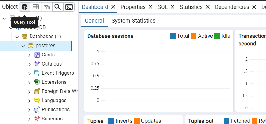 The interface shows a PostgreSQL management dashboard with various panels. On the left side, a navigation tree displays the hierarchy of objects within a database named "CoolifyDB," specifically highlighting the "postgres" database. The right side shows the "Dashboard" tab with "General" and "System Statistics" sub-tabs. The System Statistics tab is visible, showing metrics like database sessions (Total, Active, Idle) and transaction rates. The "Query Tool" option is highlighted as well.